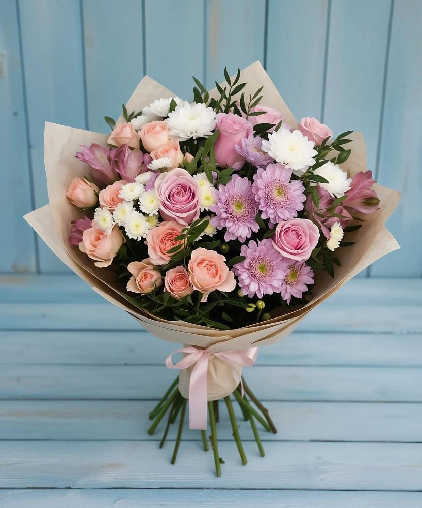 Букет цветов из: Хризантемы, Розы и Альстромерии в Захарково