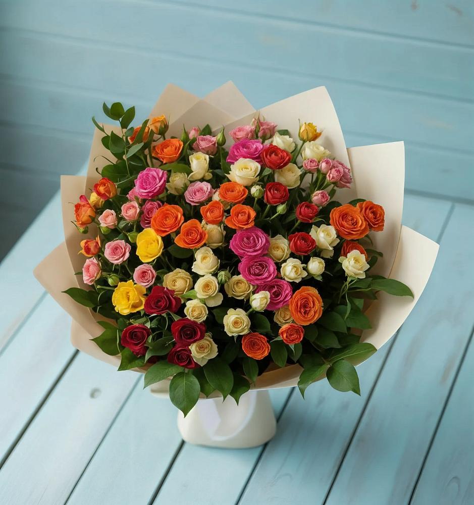 Букет Микс из разноцветных кустовых роз в Захарково