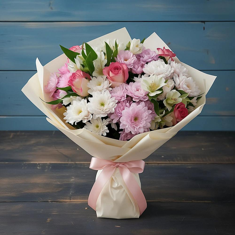 Букет цветов из: Хризантемы, Альстромерии и Розы в Захарково